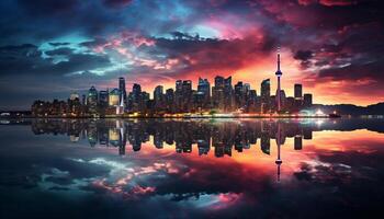 AI generated Cityscape at dusk reflects urban skyline beauty generated by AI photo