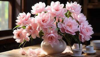 AI generated Pink flower vase on wooden table, nature elegance generated by AI photo