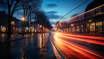 ai generado Noche paisaje urbano, borroso movimiento, iluminado arquitectura, bullicioso tráfico generado por ai foto