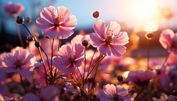 AI generated Vibrant cosmos flower blossoms in tranquil meadow generated by AI photo