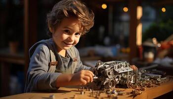 AI generated Smiling boys working, crafting happiness with technology generated by AI photo