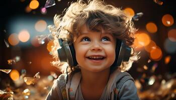 ai generado sonriente niño disfrutando fiesta, escuchando a auriculares generado por ai foto