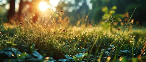 AI generated Sunset light streams through a forest, casting a golden glow on the dew-covered underbrush and creating a magical bokeh effect photo