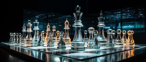 AI generated Glass Chess Pieces on Illuminated Board photo