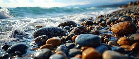 AI generated Wet pebbles glisten on the shore as waves break gently in the golden light of sunrise photo