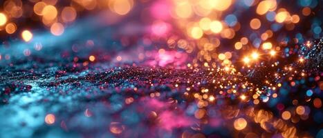 AI generated Vibrant neon lights reflecting on a wet, glitter-covered surface photo