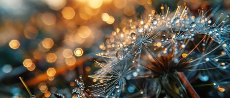 AI generated Macro photography of dandelion seeds with glistening water droplets, showcasing nature's intricate beauty and patterns photo