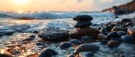 AI generated Pebbles stacked in a pyramid formation on a beach, with gentle waves and a golden sunset photo