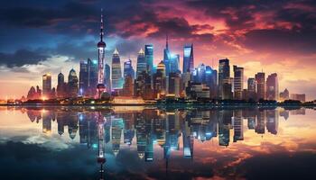 AI generated Vibrant skyline reflects in twilight water, illuminating city generated by AI photo