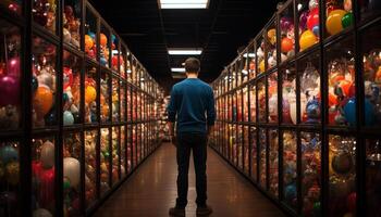 AI generated Man shopping at night in illuminated retail store generated by AI photo