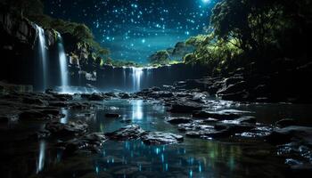 AI generated Tranquil scene, water reflects the mysterious galaxy generated by AI photo