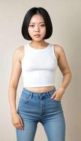 AI generated photo of beautiful young asian woman with crop white top and jeans standing at white backdrop, generative AI