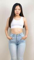 AI generated photo of beautiful young asian woman with crop white top and jeans standing at white backdrop, generative AI