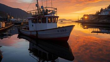 ai generado puesta de sol terminado tranquilo agua, pescar barco refleja naturaleza generado por ai foto