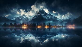 AI generated Majestic mountain peak reflects tranquil sunset over water generated by AI photo