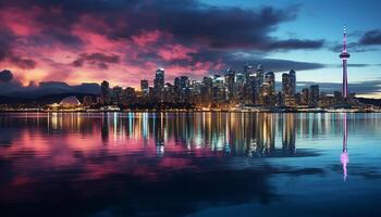 ai generado paisaje urbano a oscuridad, reflejando en agua, famoso puesta de sol generado por ai foto