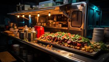 ai generado A la parrilla carne y vegetales crear un gastrónomo comida generado por ai foto