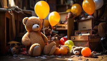 ai generado linda osito de peluche oso trae alegría a cumpleaños fiesta generado por ai foto