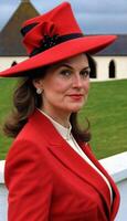 AI generated photo of beautiful lady europe woman with red coat and hat standing at garden, generative AI