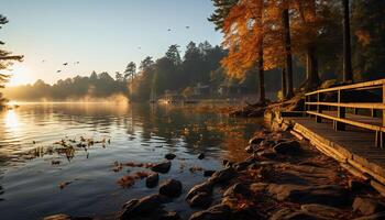 AI generated Tranquil scene of autumn forest reflects on pond generated by AI photo