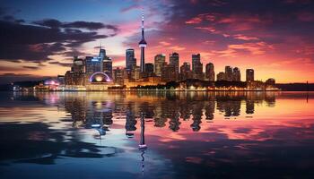 AI generated Vibrant city skyline reflects in tranquil waterfront generated by AI photo
