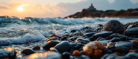 AI generated Pebbles stacked in a pyramid formation on a beach, with gentle waves and a golden sunset photo