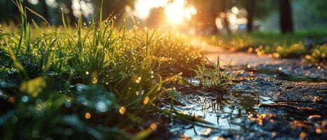 AI generated Sunrise illuminates the morning dew on a bed of clover and grass photo
