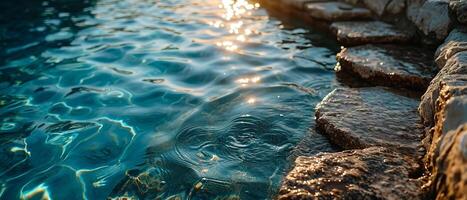 AI generated The setting sun's golden glow reflects on the water's surface by the rocky edge photo