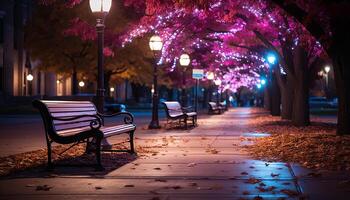 ai generado iluminado calle luz, linterna, banco, otoño árbol generado por ai foto