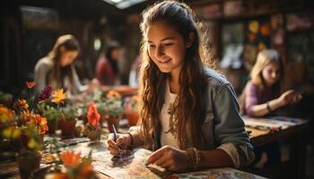 AI generated Smiling women enjoying creativity, sitting at table generated by AI photo