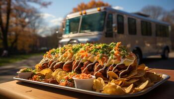 ai generado A la parrilla carne de vaca tacos, Fresco verduras, al aire libre comida generado por ai foto