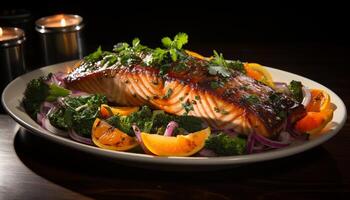 AI generated Grilled salmon fillet with fresh salad and lemon generated by AI photo