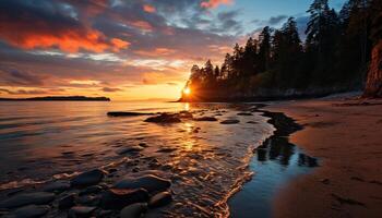 ai generado puesta de sol terminado tranquilo línea costera, reflejando belleza en naturaleza generado por ai foto