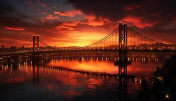 ai generado vibrante puesta de sol refleja en ciudad famoso puente generado por ai foto