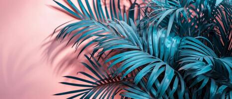 AI generated Teal-colored palm leaves artfully contrast against a pink background for a tropical feel photo