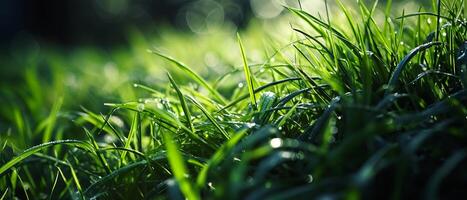 AI generated Fresh green grass covered with dew drops glistens in the warm light of a sunrise photo