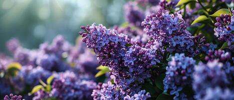 AI generated Close-up of purple lilac flowers basking in the warm golden hour sunlight, evoking a serene springtime mood photo