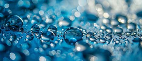 AI generated Vibrant blue backdrop with crystal clear water droplets photo