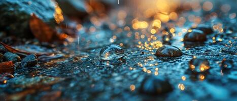AI generated Shimmering water droplets at twilight with a captivating bokeh effect photo