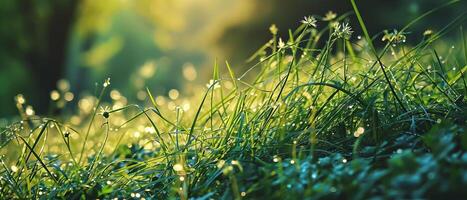 AI generated Early morning light catches the dew drops on lush green grass, creating a tranquil and refreshing scene photo