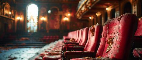 ai generado decaido y andrajoso rosado asientos en un abandonado teatro disfrutar en el nostalgia de pasado grandeza foto