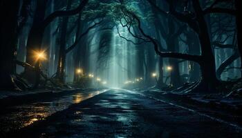 AI generated Spooky forest at night, mystery and horror generated by AI photo
