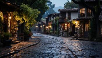 ai generado antiguo linternas iluminar antiguo pueblo medieval arquitectura generado por ai foto