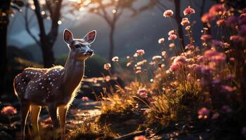 AI generated Cute deer grazing in the tranquil meadow generated by AI photo