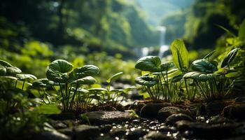 AI generated Fresh green leaves grow in the summer outdoors generated by AI photo