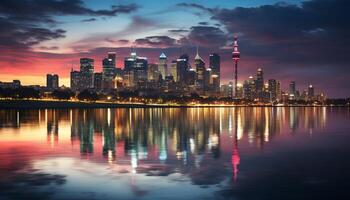 AI generated Bright skyline reflects on water, illuminating city generated by AI photo