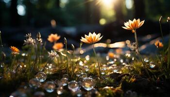 AI generated Bright yellow daisy in meadow, surrounded by green grass generated by AI photo