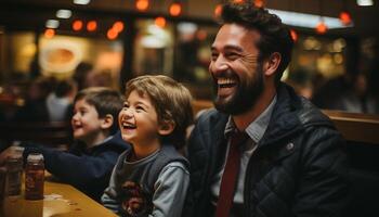 ai generado sonriente hombres, niño, padre, sesión, juntos, disfrutando comida generado por ai foto