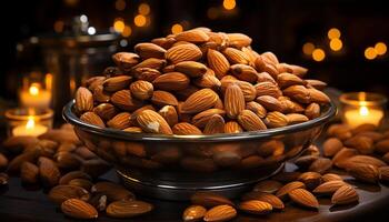 AI generated Healthy eating, almond, snack, nut, freshness, gourmet, walnut, dessert, vegetarian food generated by AI photo