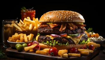 AI generated Grilled cheeseburger with fries, a classic American meal generated by AI photo